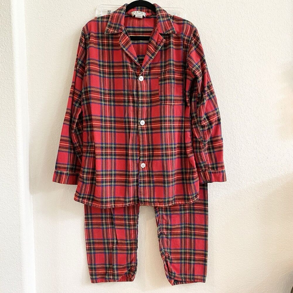 Vintage LL Bean Mens Flannel Pajama Set Sz M Red Scotch Plaid Cotton Sleepwear